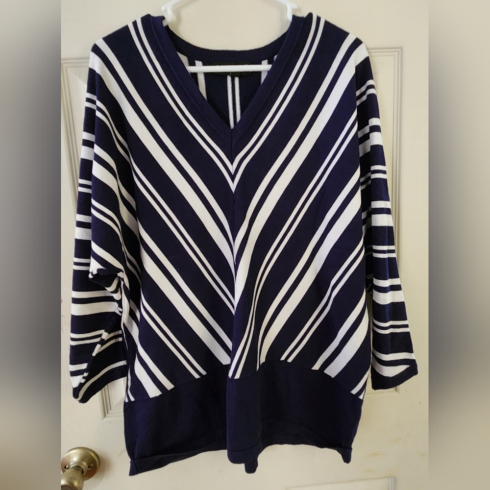 Lane Bryant Navy and White V-Neck Sweater